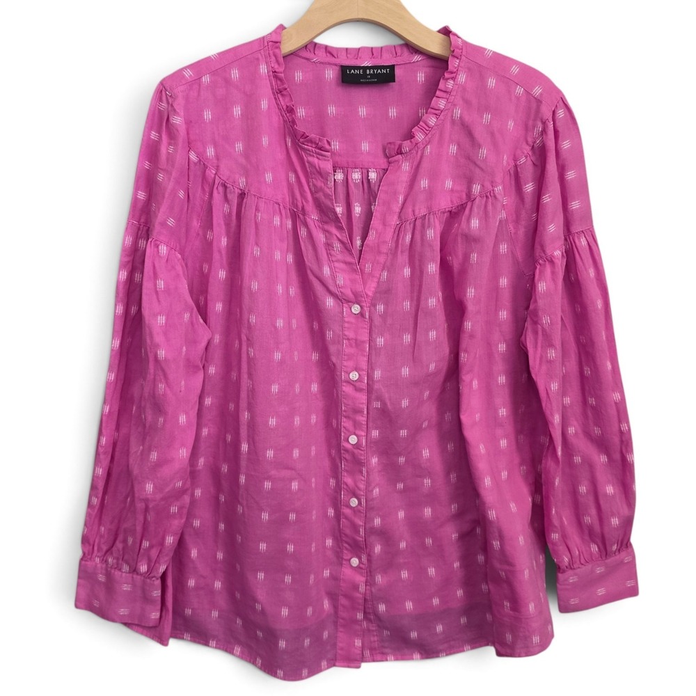 Lane Bryant Blouse Womens 18 Pink Embroidered Dobby Ruffle Neck Button Up Boho